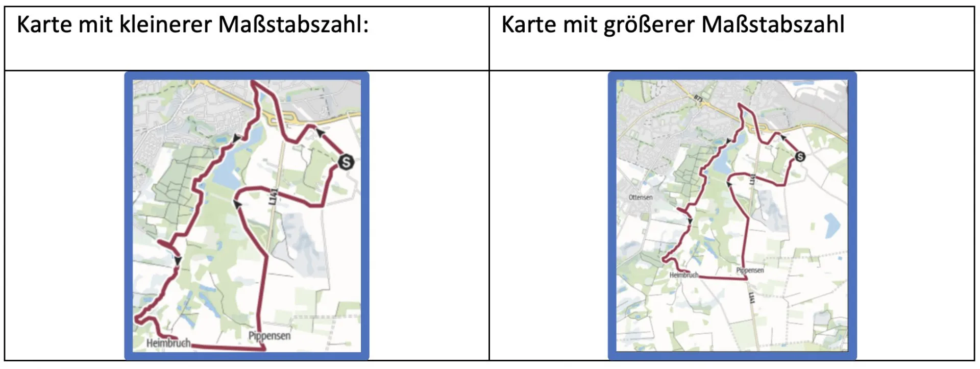 Gegenüberstellung zweier gleich großer Kartenblätter: links „Karte mit kleinerer Maßstabszahl“ mit engem Ausschnitt, rechts „Karte mit größerer Maßstabszahl“ mit größerem Gebiet, in dem dieselbe Route entsprechend kleiner erscheint.