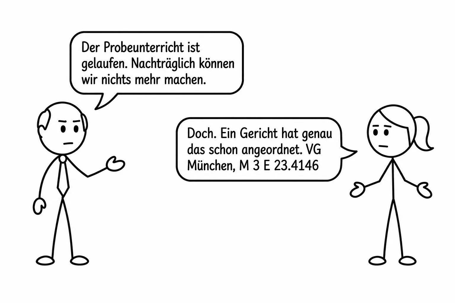 Strichzeichnung: Eine Person mit Krawatte sagt: „Der Probeunterricht ist gelaufen. Nachträglich können wir nichts mehr machen.“ Eine Mutter antwortet: „Doch. Ein Gericht hat genau das schon angeordnet. VG München, M 3 E 23.4146“