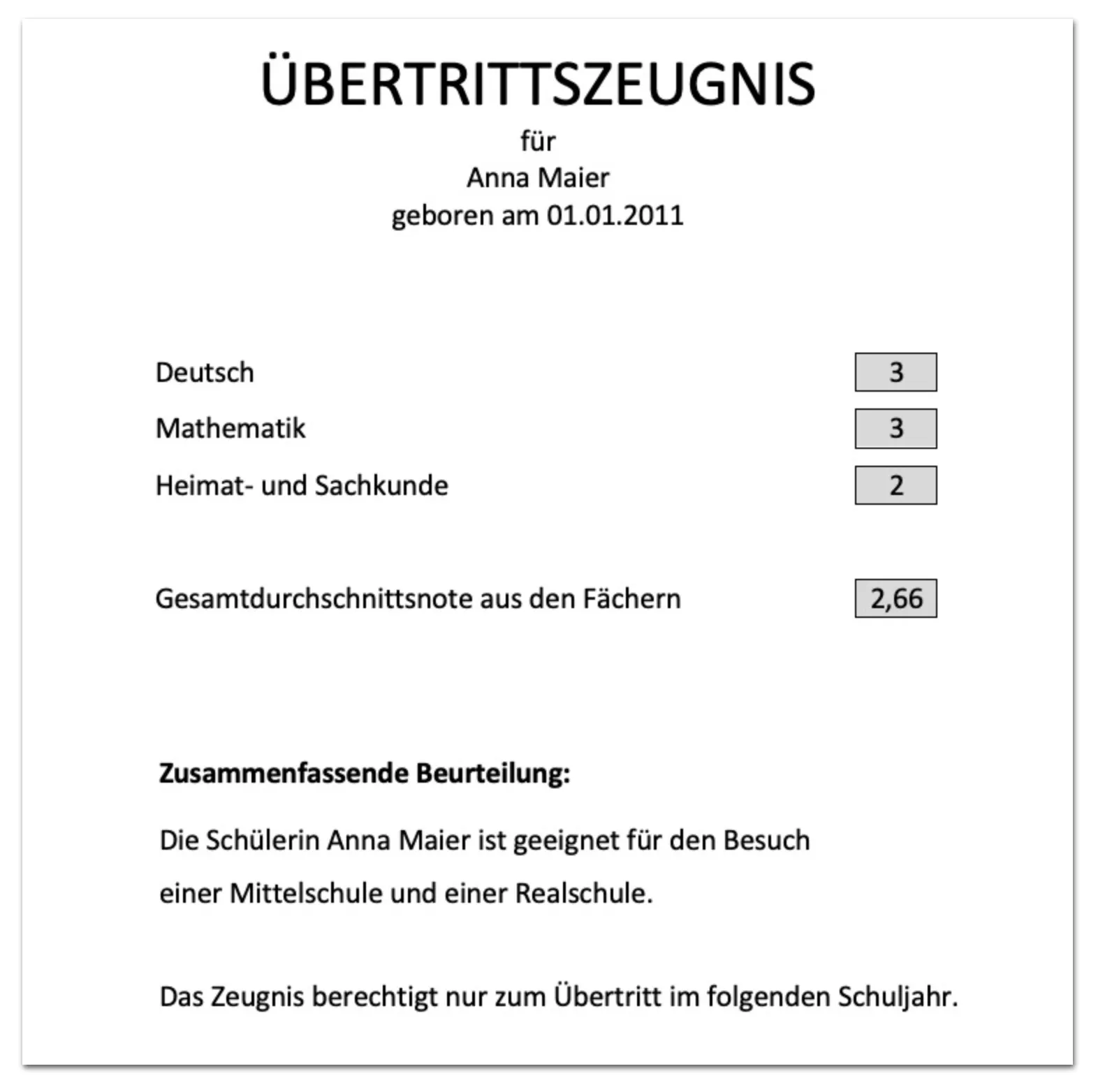 Beispiel-Übertrittszeugnis: Deutsch 3, Mathematik 3, Heimat- und Sachkunde 2, Gesamtdurchschnittsnote 2,66