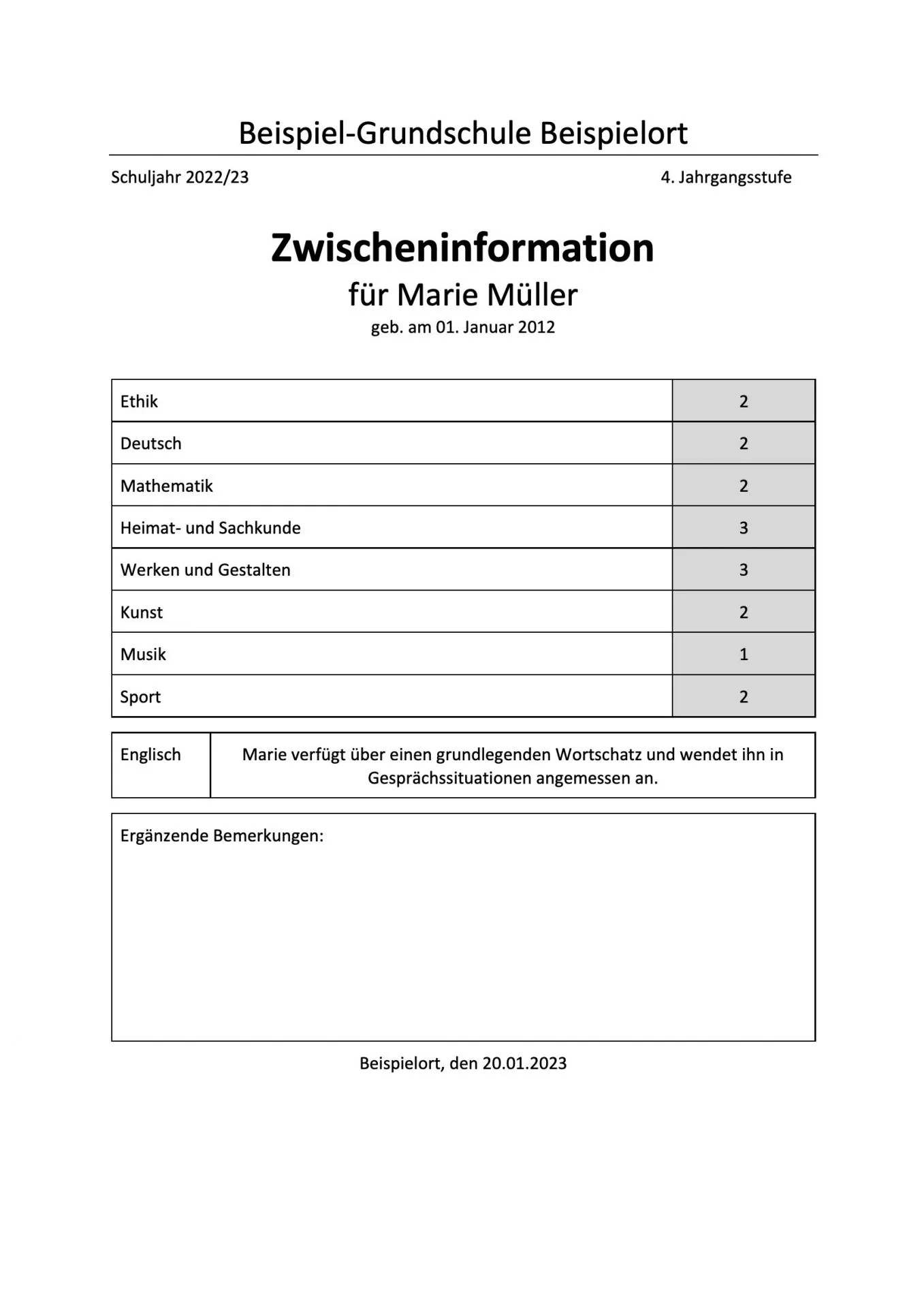 Beispiel einer Zwischeninformation: Formblatt mit den Jahresfortgangsnoten in allen Fächern