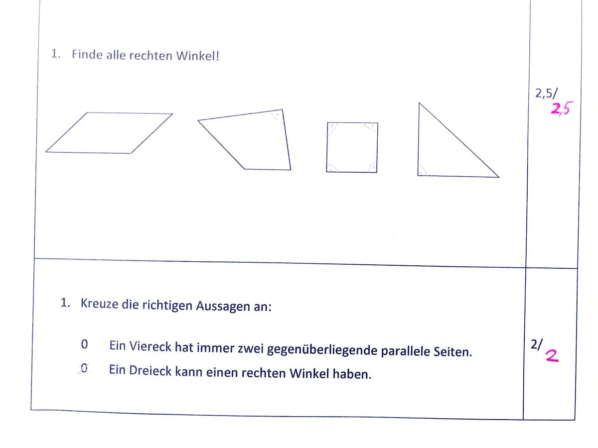 Scan zweier korrigierter Geometrie-Aufgaben: rechte Winkel in vier Figuren markieren und richtige Aussagen ankreuzen, Aufgabentypen, die sich nicht als praktisch einordnen lassen.