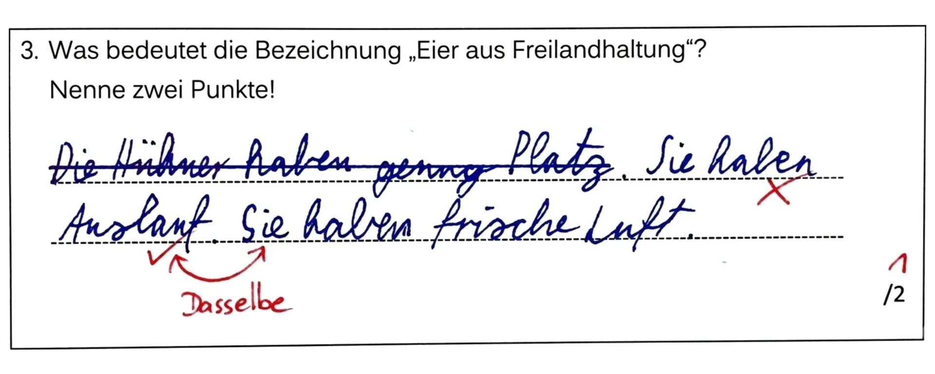 Ausschnitt aus einer Probe: Aufgabe „Was bedeutet die Bezeichnung Eier aus Freilandhaltung? Nenne zwei Punkte!" Das Kind antwortet, die Hühner hätten genug Platz, Auslauf und frische Luft; die Lehrkraft streicht den ersten Teil durch und notiert in Rot „Dasselbe", Ergebnis 1 von 2 Punkten.