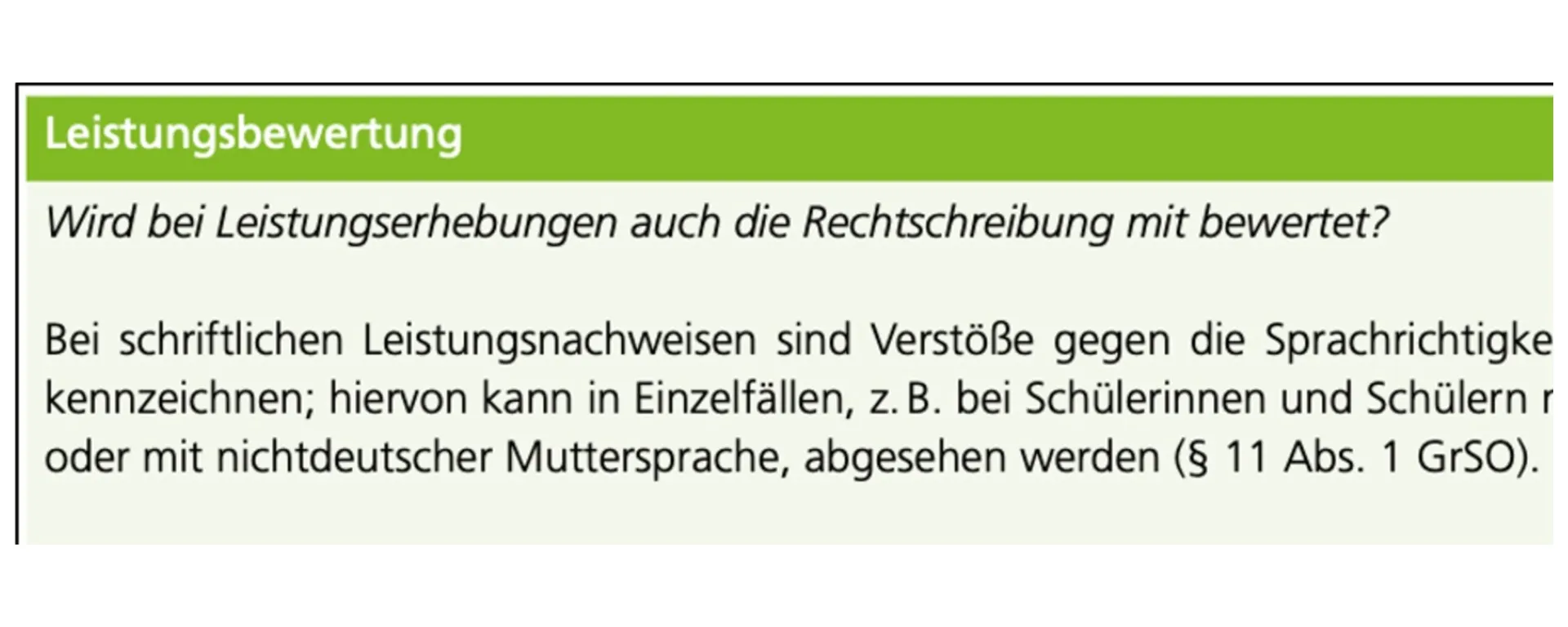 Ausschnitt aus einer amtlichen Info-Box „Leistungsbewertung": Frage, ob bei Leistungserhebungen auch die Rechtschreibung mit bewertet wird, mit Antwort zur Kennzeichnungspflicht nach § 11 Abs. 1 GrSO (Fassung bis 2024)