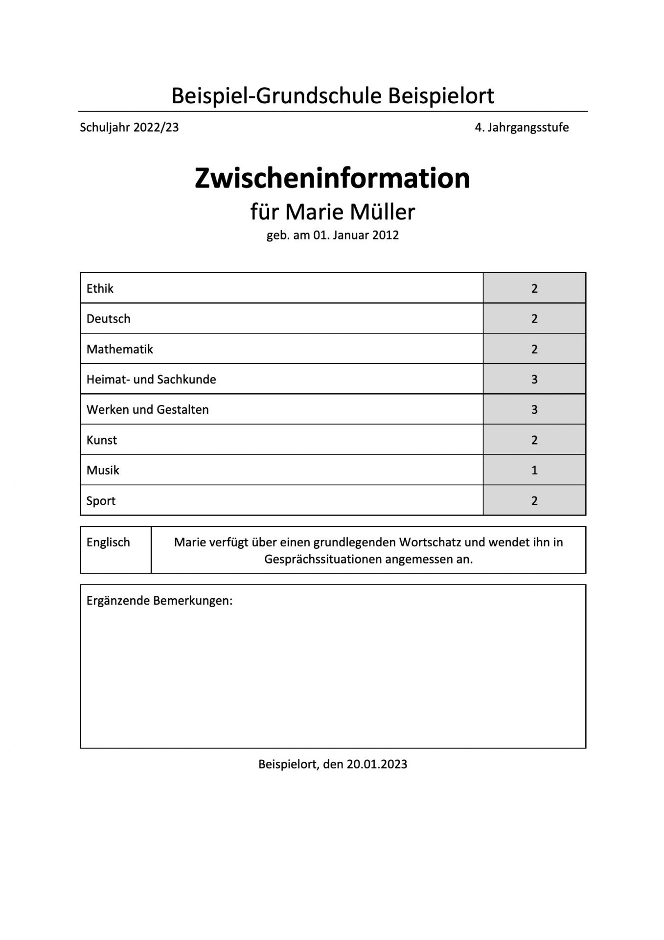Beispiel einer Zwischeninformation: Formblatt mit den Jahresfortgangsnoten in allen Fächern