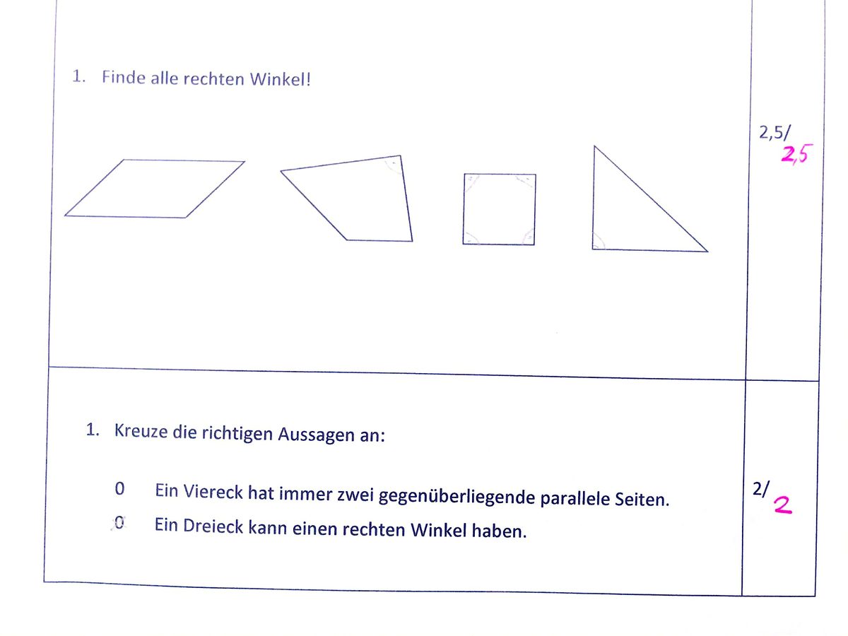 Scan zweier korrigierter Geometrie-Aufgaben: rechte Winkel in vier Figuren markieren und richtige Aussagen ankreuzen – Aufgabentypen, die sich nicht als praktisch einordnen lassen.