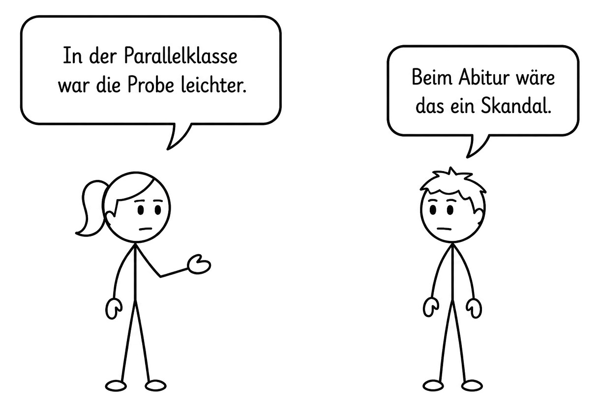 Strichfiguren mit Sprechblasen: Eine Mutter sagt „In der Parallelklasse war die Probe leichter.“ – ein Vater antwortet „Beim Abitur wäre das ein Skandal.“