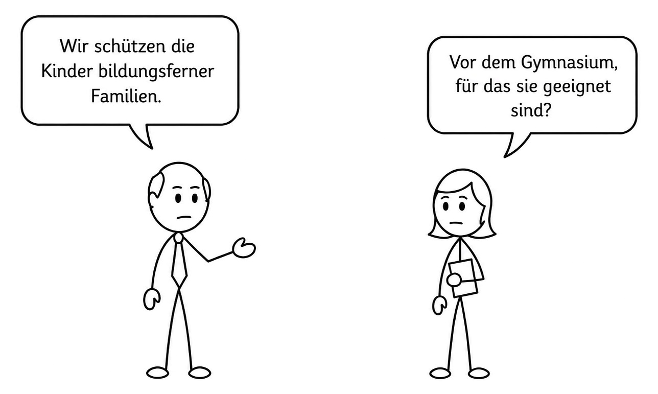 Strichfiguren mit Sprechblasen: Ein Vertreter des Schulamts sagt „Wir schützen die Kinder bildungsferner Familien.“ – eine Lehrerin fragt zurück „Vor dem Gymnasium, für das sie geeignet sind?“