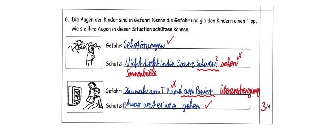 Ausschnitt aus einer Probe: Aufgabe zum Schutz der Augen mit zwei Bildern, Sonne und Fernseher. Die Antworten des Kindes sind blau geschrieben, die Korrektur der Lehrkraft rot; Ergebnis 3 von 4 Punkten.