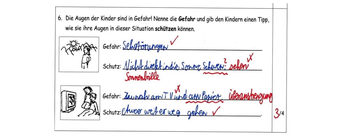 Ausschnitt aus einer Probe: Aufgabe zum Schutz der Augen mit zwei Bildern, Sonne und Fernseher. Die Antworten des Kindes sind blau geschrieben, die Korrektur der Lehrkraft rot; Ergebnis 3 von 4 Punkten.