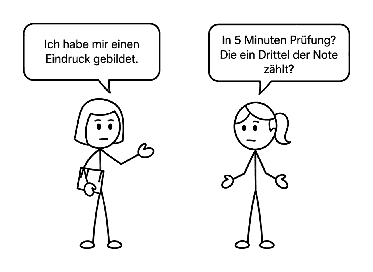 Zeichnung mit zwei Strichfiguren. Eine Lehrkraft sagt: „Ich habe mir einen Eindruck gebildet.“ Eine Mutter fragt zurück: „In 5 Minuten Prüfung? Die ein Drittel der Note zählt?“