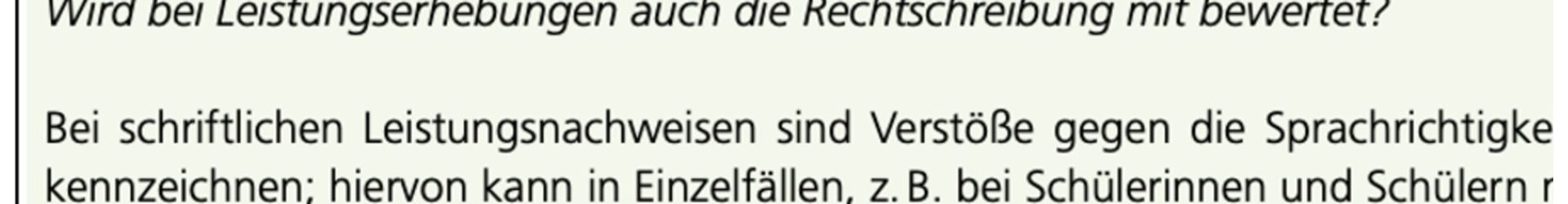 Ausschnitt aus einer amtlichen Info-Box „Leistungsbewertung": Frage, ob bei Leistungserhebungen auch die Rechtschreibung mit bewertet wird, mit Antwort zur Kennzeichnungspflicht nach § 11 Abs. 1 GrSO (Fassung bis 2024)
