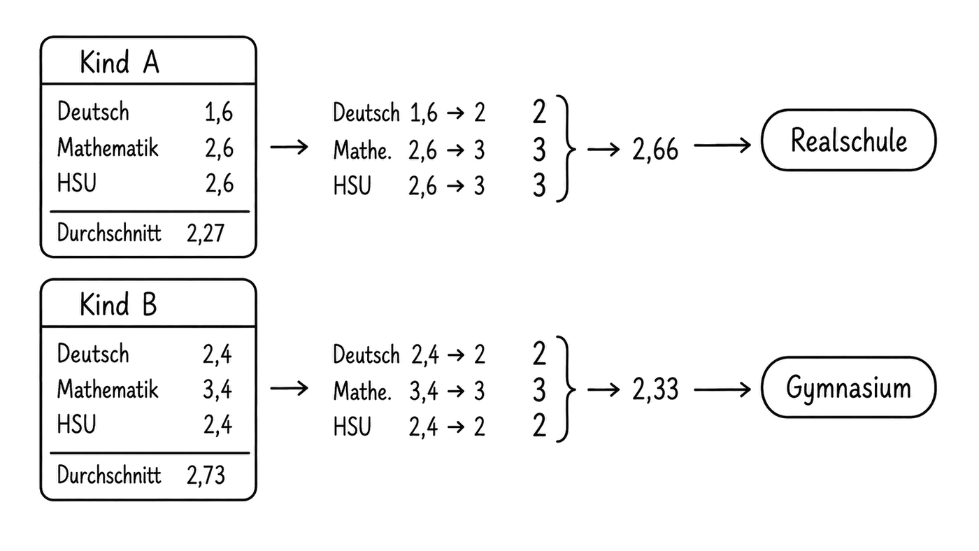 Zwei Zeugnisse im Vergleich: Kind A hat in Deutsch 1,6, Mathematik 2,6 und HSU 2,6, Durchschnitt 2,27; gerundet ergibt das die Noten 2, 3, 3 und daraus die Gesamtdurchschnittsnote 2,66 – Realschule. Kind B hat 2,4, 3,4 und 2,4, Durchschnitt 2,73; gerundet 2, 3, 2 und daraus 2,33 – Gymnasium. Das schwächere Kind erreicht das Gymnasium, das stärkere nicht.