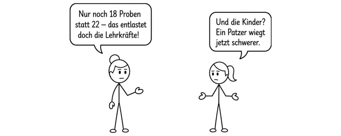 Zwei Strichfiguren mit Sprechblasen: „Nur noch 18 Proben statt 22 – das entlastet doch die Lehrkräfte!“ und „Und die Kinder? Ein Patzer wiegt jetzt schwerer.“